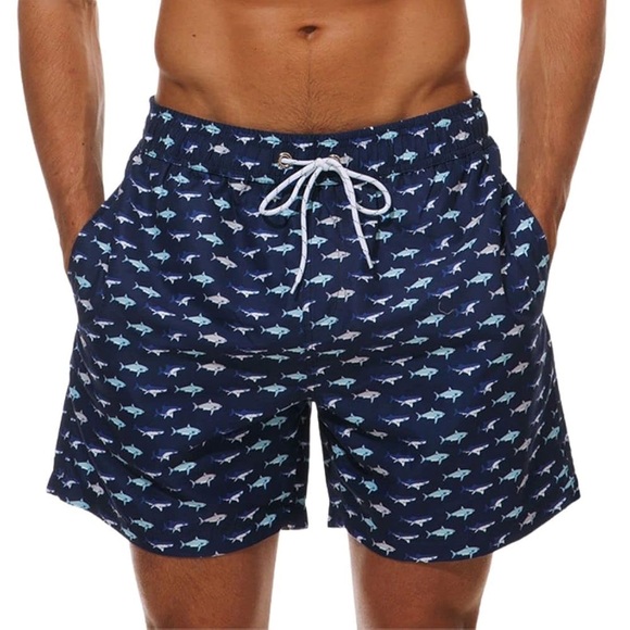 Men's Swim Trunks Quick Dry Stretch Beach Short Pocket Navy Blue Shark Attack - Picture 1 of 8